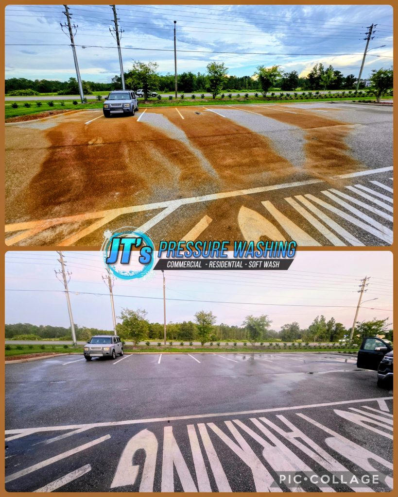 Commercial parking area before and after treatment of orange surface staining