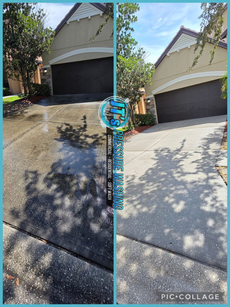 Concrete driveway before and after exterior cleaning