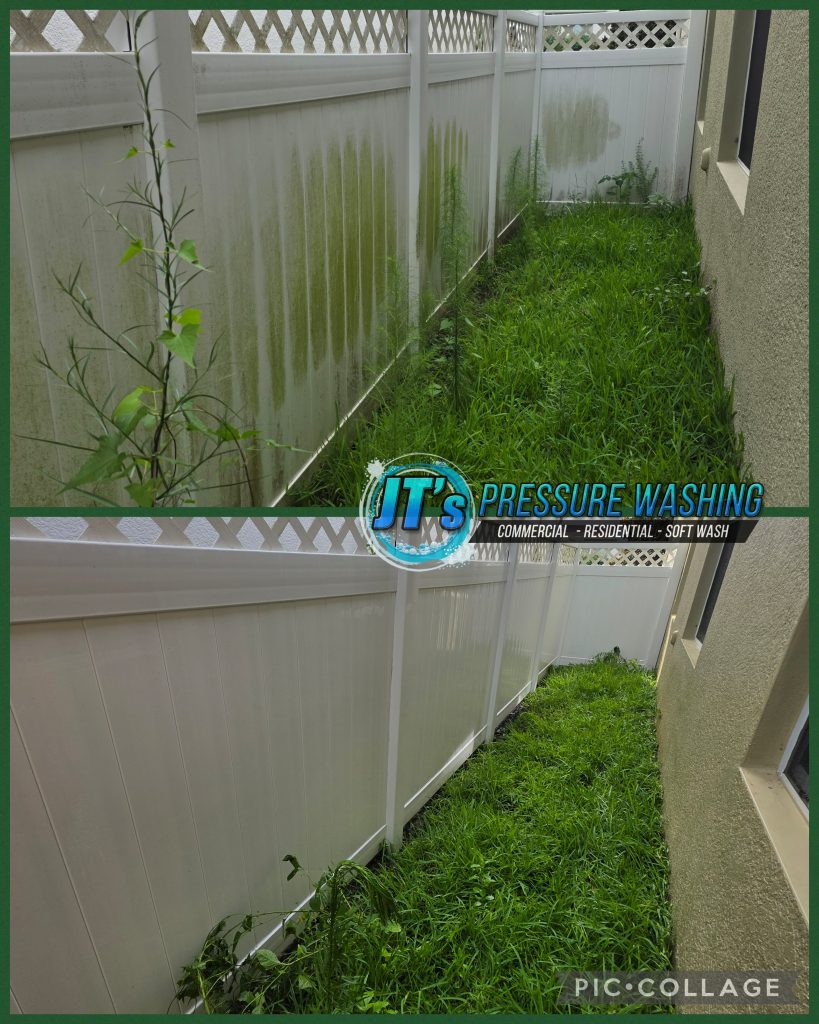 White privacy fence before and after cleaning