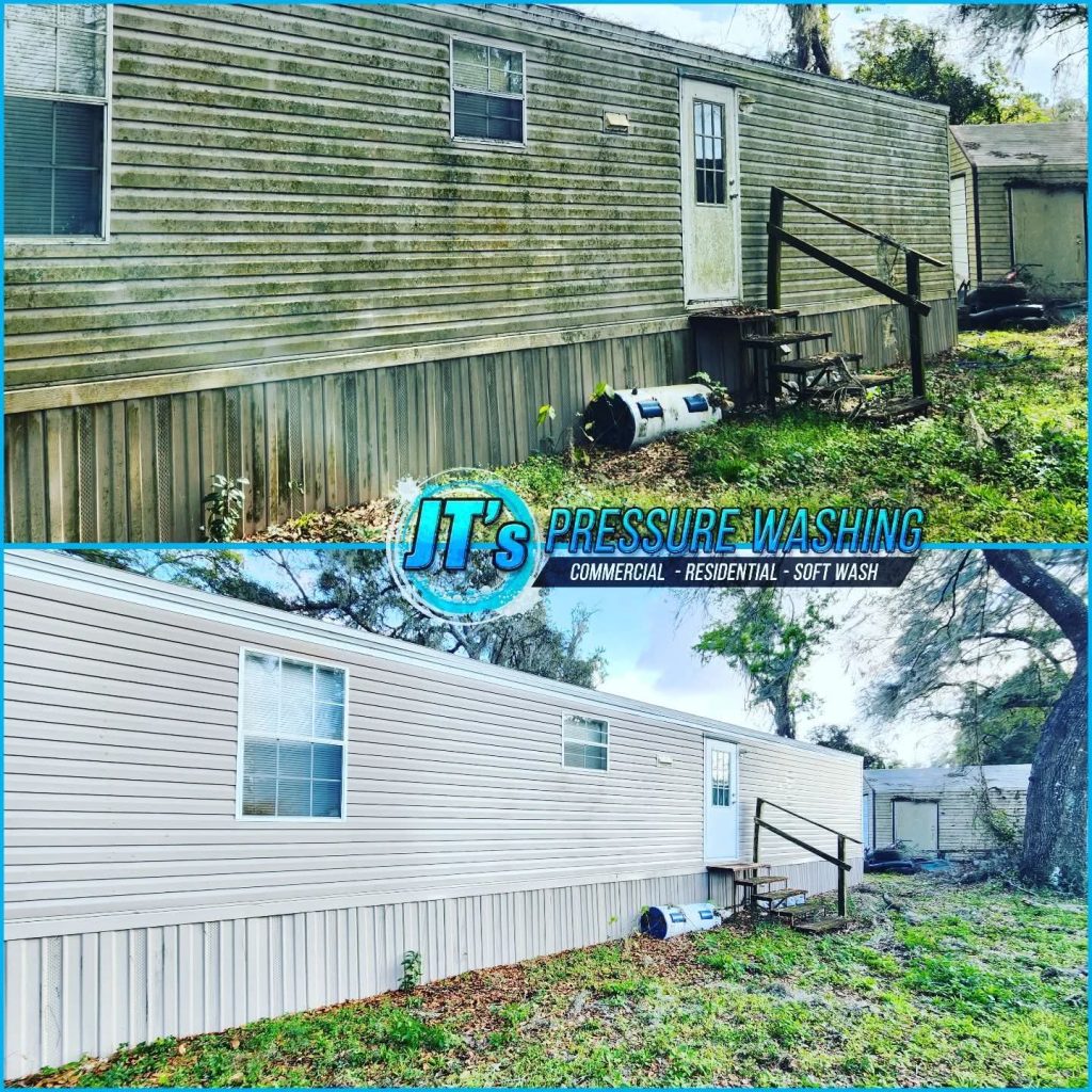 House siding before and after removal of green exterior buildup