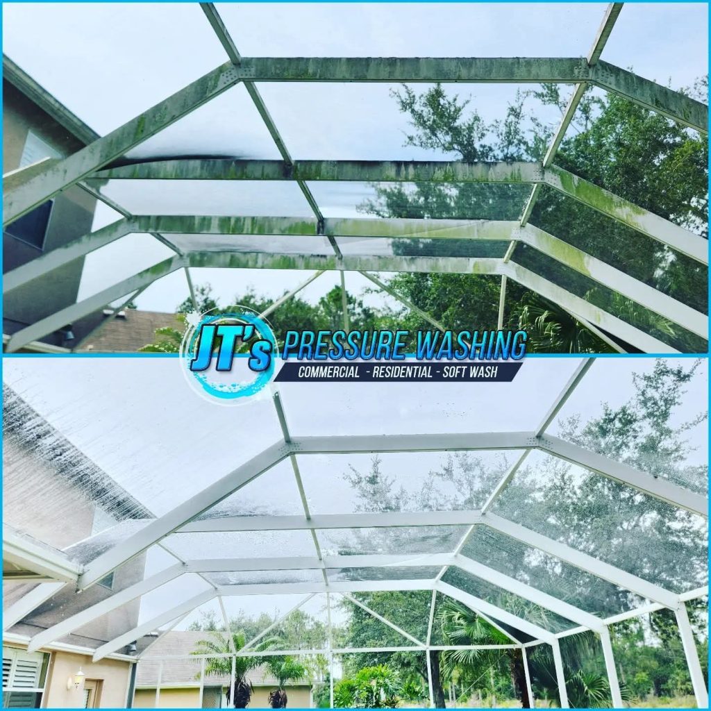 Screen enclosure framing before and after removal of green buildup