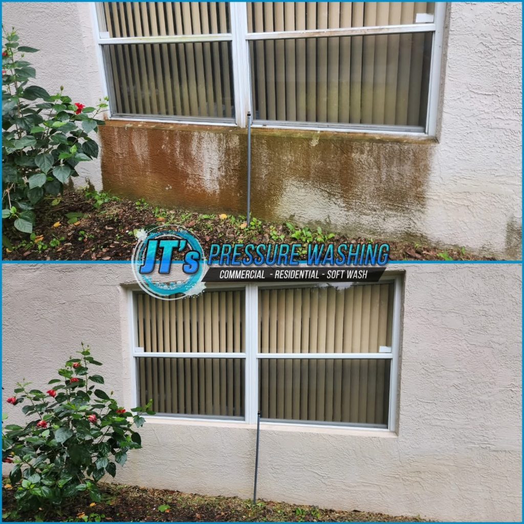 Exterior wall below windows before and after treatment of orange staining